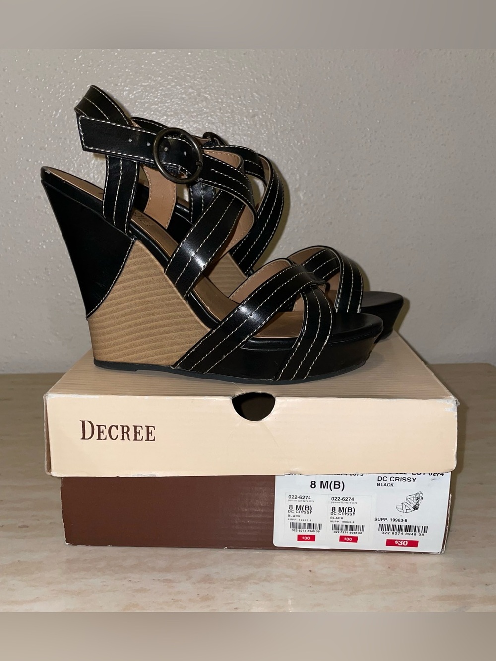 Decree Black and Tan Strappy Wedges